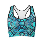 Turquoise Ethnic Aztec Trippy Print Women's Sports Bra