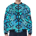 Turquoise Ethnic Aztec Trippy Print Zip Sleeve Bomber Jacket