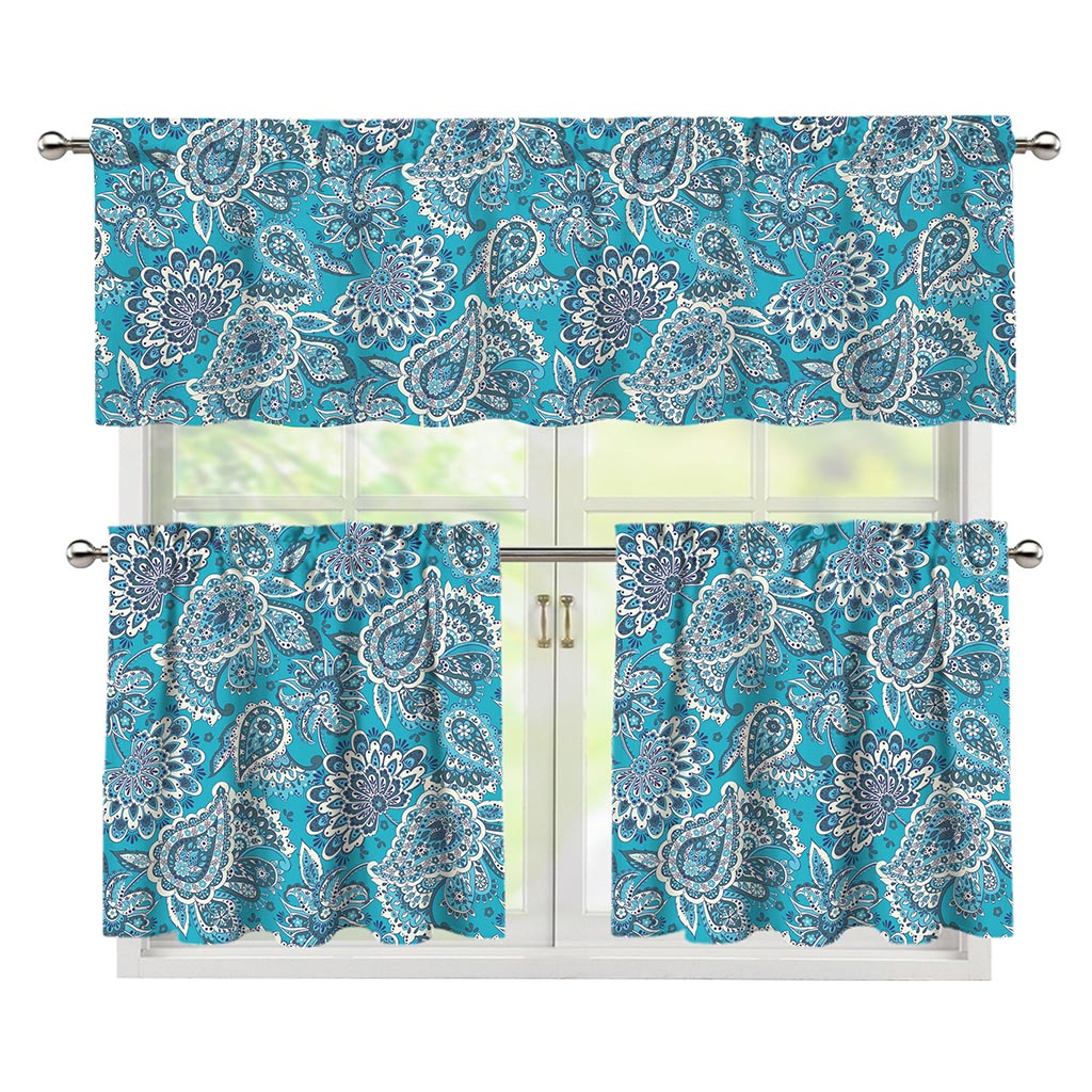 Turquoise Floral Bohemian Pattern Print 3 Piece Kitchen Curtains