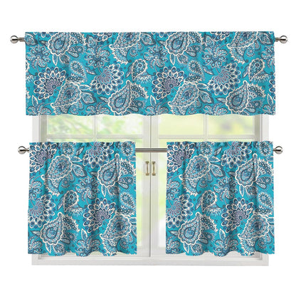 Turquoise Floral Bohemian Pattern Print 3 Piece Kitchen Curtains
