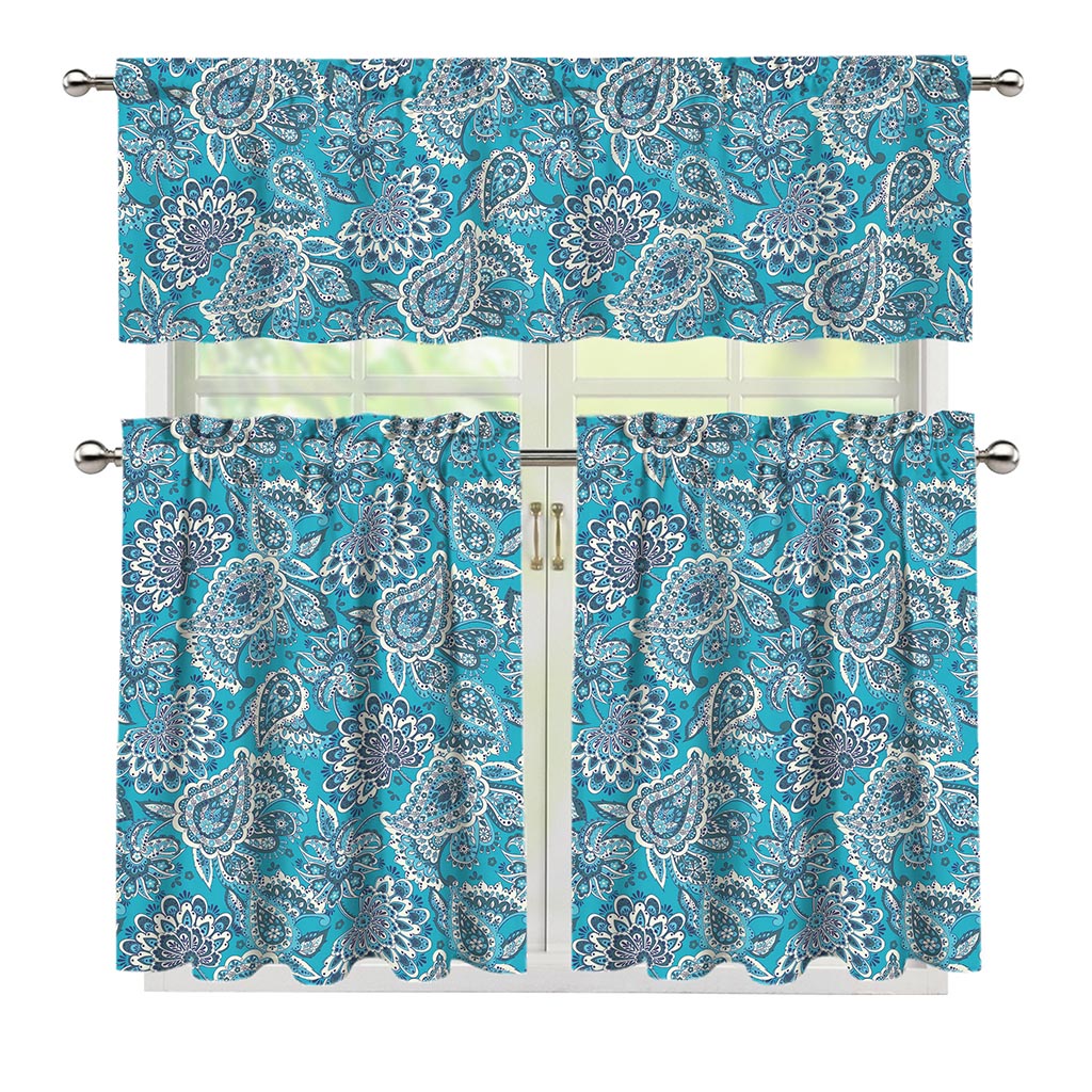 Turquoise Floral Bohemian Pattern Print 3 Piece Kitchen Curtains