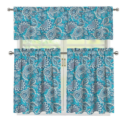 Turquoise Floral Bohemian Pattern Print 3 Piece Kitchen Curtains