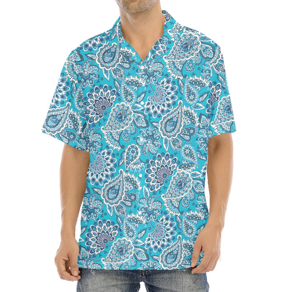 Turquoise Floral Bohemian Pattern Print Aloha Shirt