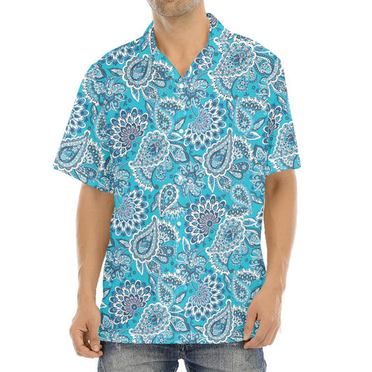Turquoise Floral Bohemian Pattern Print Aloha Shirt