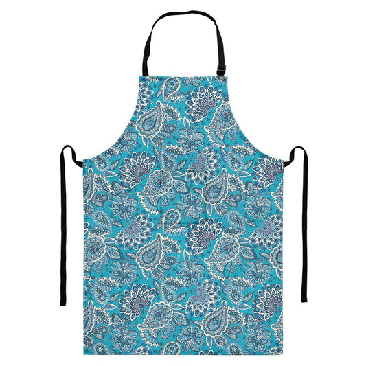 Turquoise Floral Bohemian Pattern Print Bib Apron With Pocket