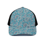 Turquoise Floral Bohemian Pattern Print Black Mesh Trucker Cap