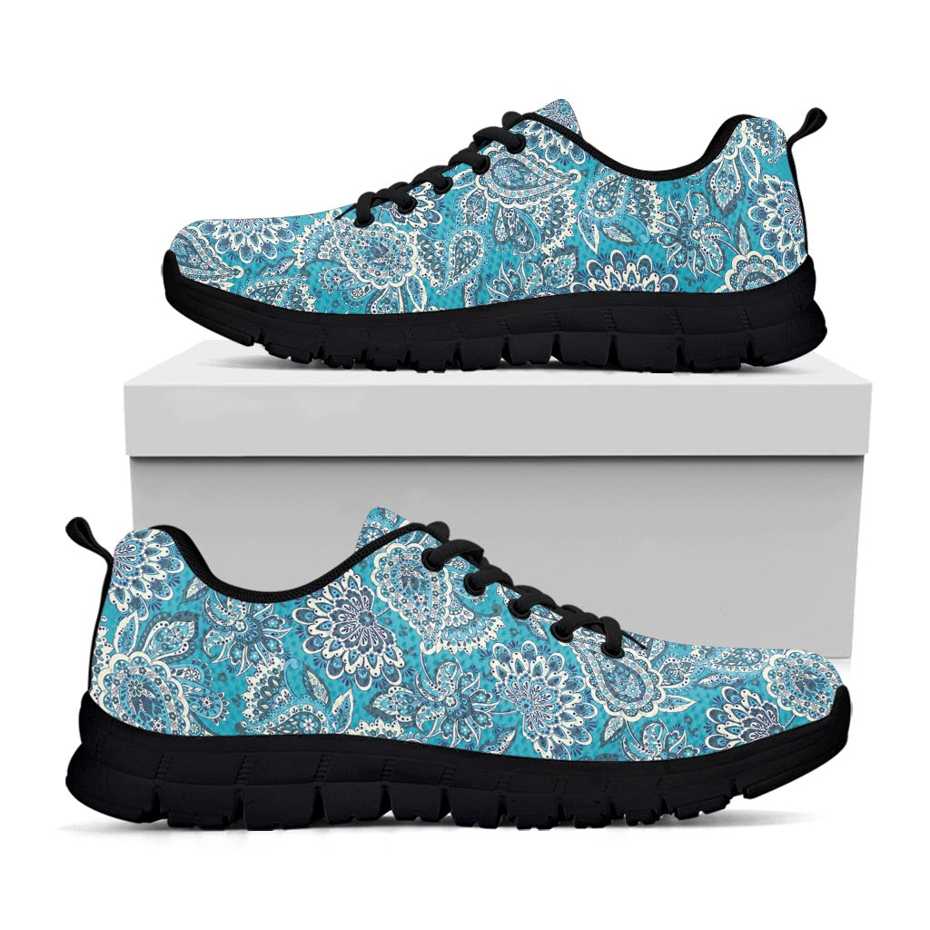 Turquoise Floral Bohemian Pattern Print Black Running Shoes