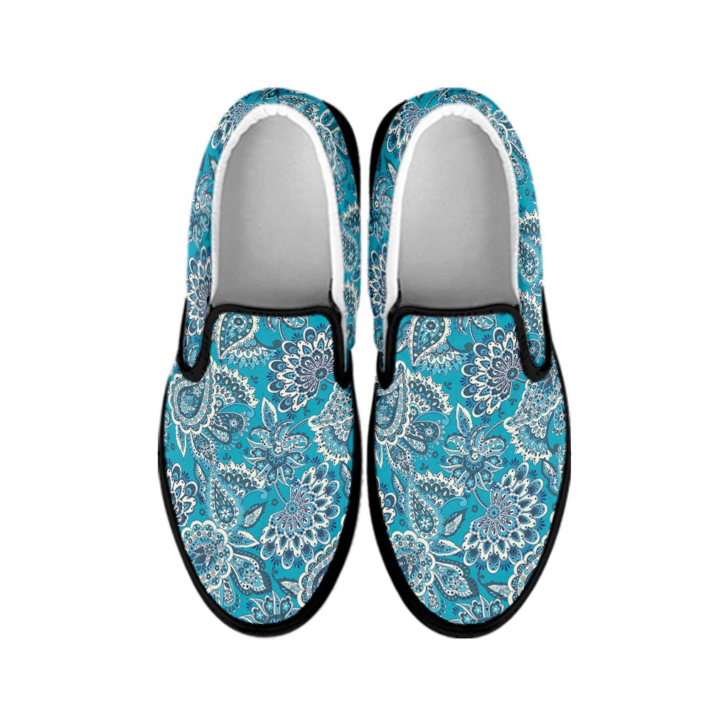Turquoise Floral Bohemian Pattern Print Black Slip On Sneakers