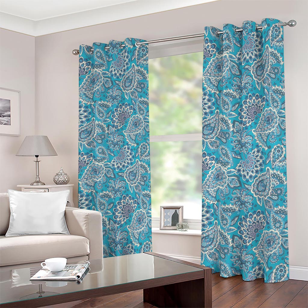 Turquoise Floral Bohemian Pattern Print Blackout Grommet Curtains