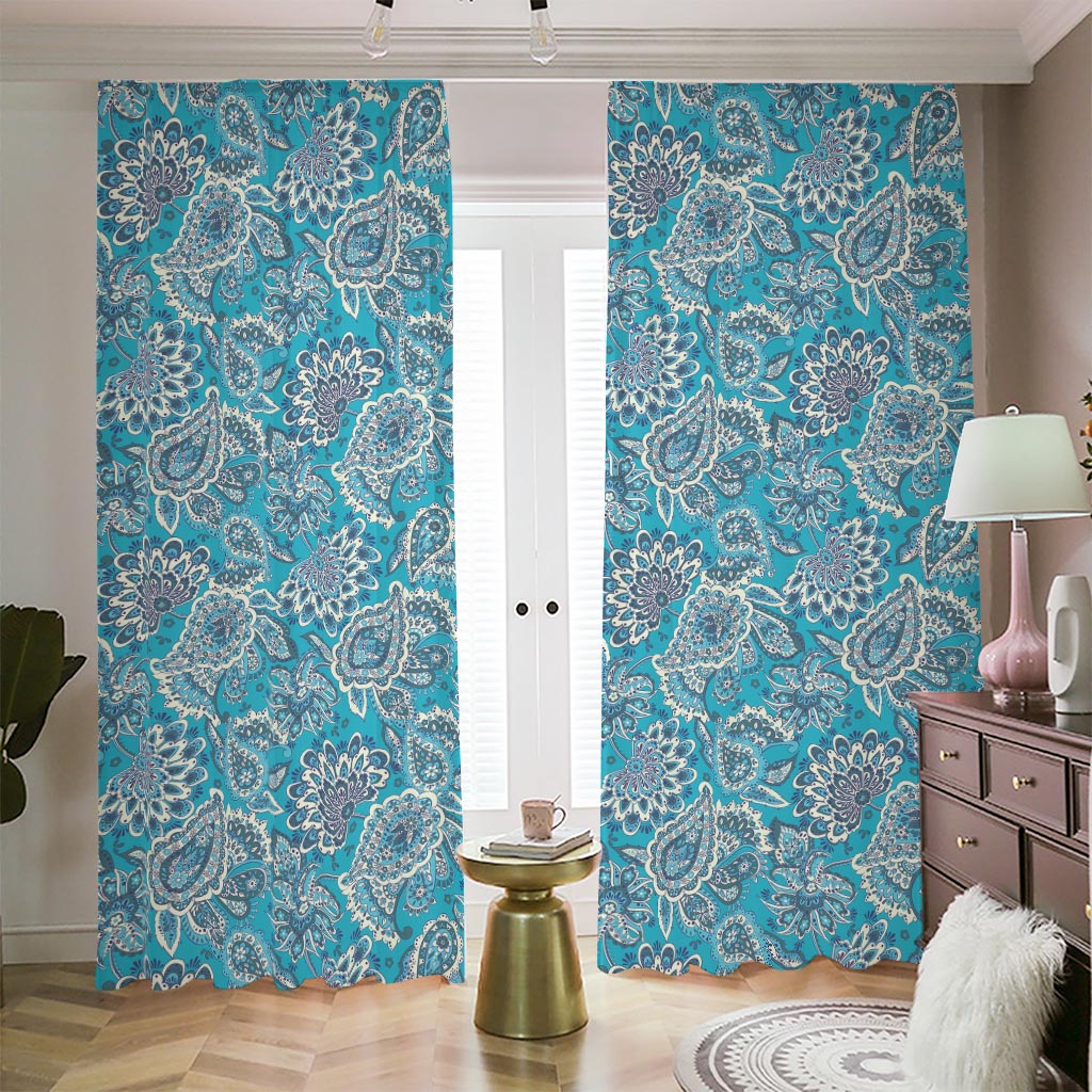 Turquoise Floral Bohemian Pattern Print Blackout Pencil Pleat Curtains