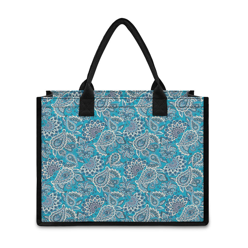Turquoise Floral Bohemian Pattern Print Canvas Tote Bag