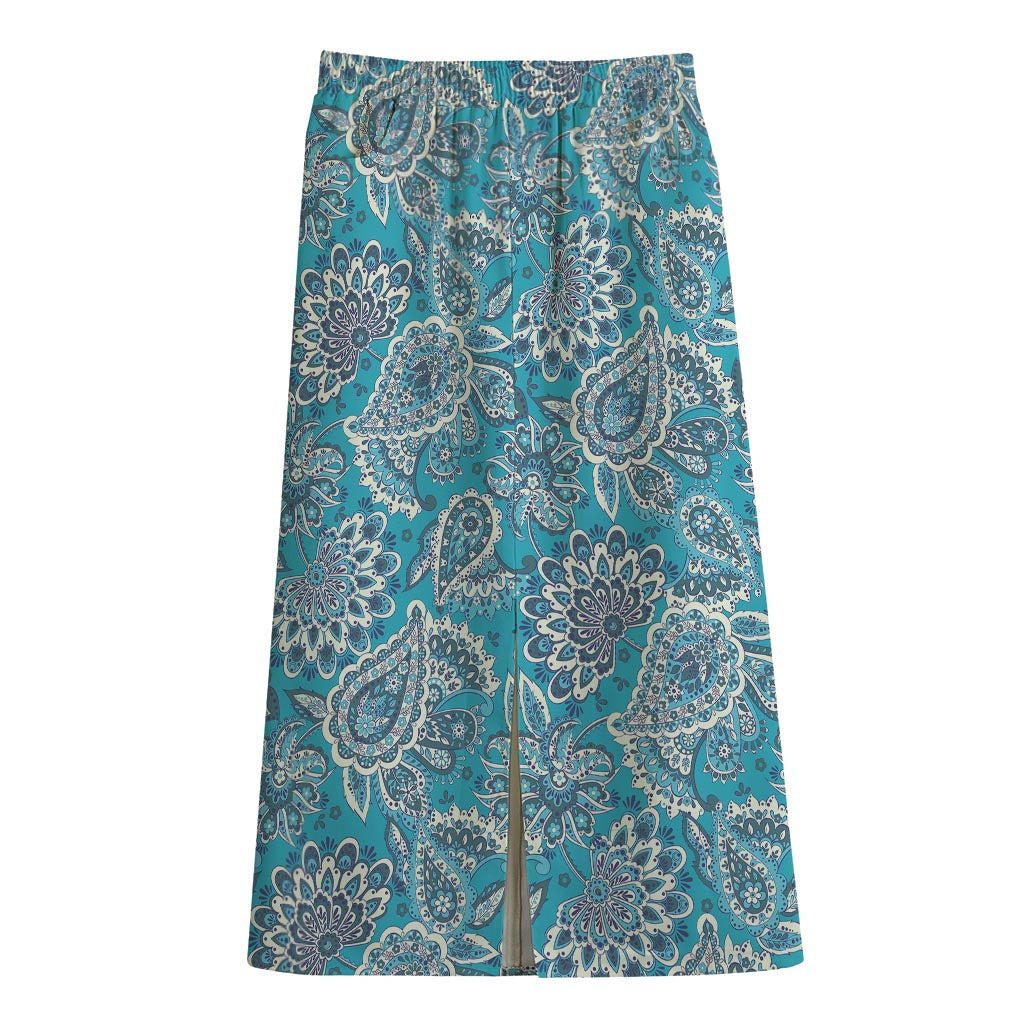 Turquoise Floral Bohemian Pattern Print Cotton Front Slit Maxi Skirt