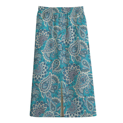 Turquoise Floral Bohemian Pattern Print Cotton Front Slit Maxi Skirt
