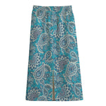 Turquoise Floral Bohemian Pattern Print Cotton Front Slit Maxi Skirt