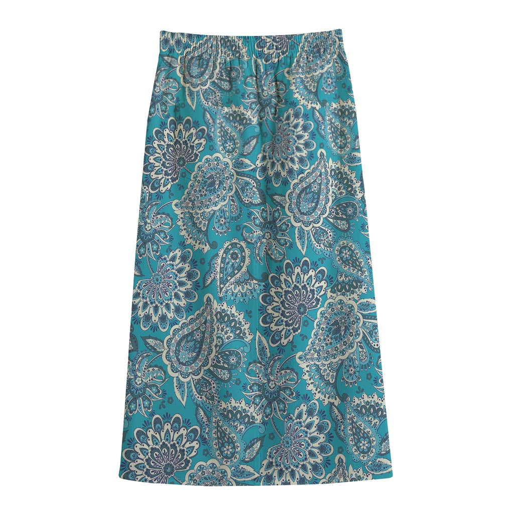 Turquoise Floral Bohemian Pattern Print Cotton Front Slit Maxi Skirt