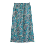 Turquoise Floral Bohemian Pattern Print Cotton Front Slit Maxi Skirt