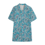 Turquoise Floral Bohemian Pattern Print Cotton Hawaiian Shirt