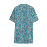Turquoise Floral Bohemian Pattern Print Cotton Hawaiian Shirt