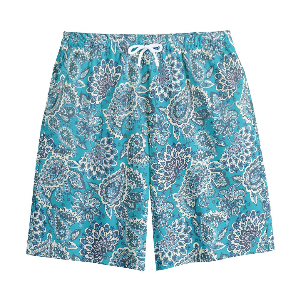 Turquoise Floral Bohemian Pattern Print Cotton Shorts