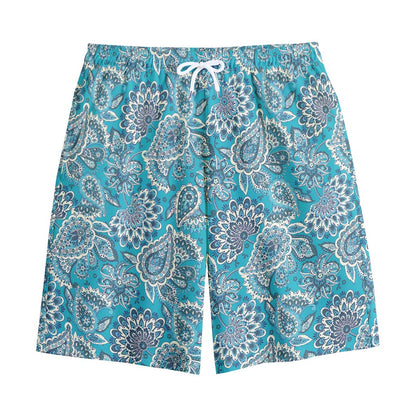 Turquoise Floral Bohemian Pattern Print Cotton Shorts