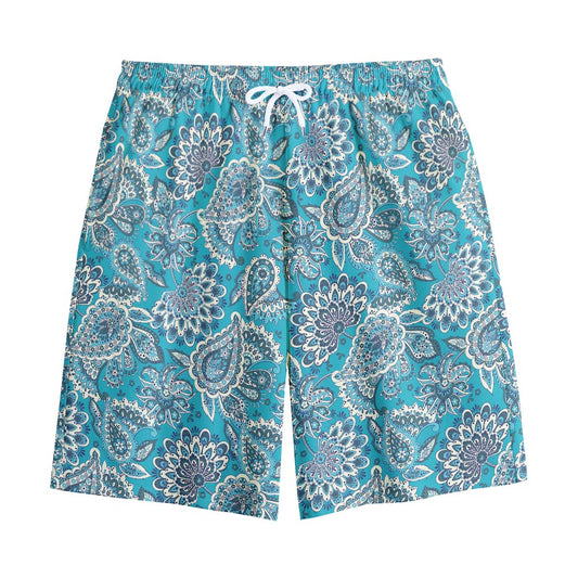 Turquoise Floral Bohemian Pattern Print Cotton Shorts
