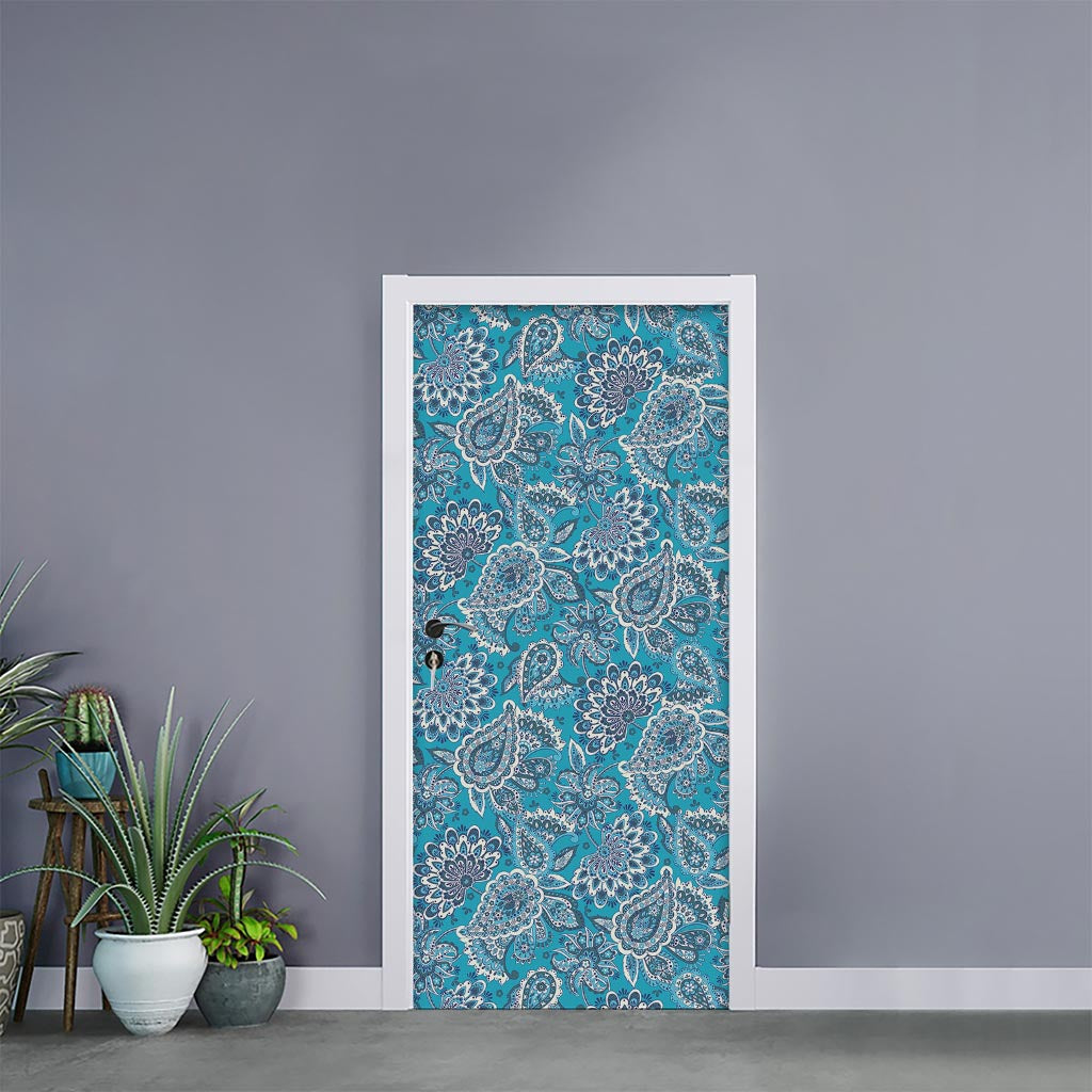 Turquoise Floral Bohemian Pattern Print Door Sticker