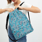 Turquoise Floral Bohemian Pattern Print Drawstring Backpack