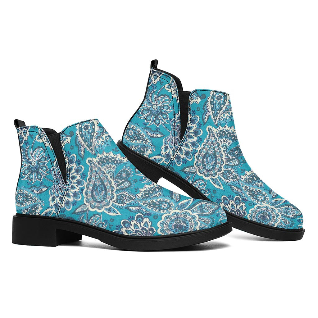 Turquoise Floral Bohemian Pattern Print Flat Ankle Boots
