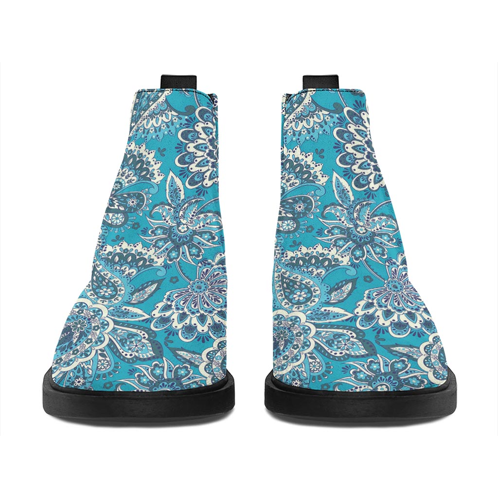 Turquoise Floral Bohemian Pattern Print Flat Ankle Boots