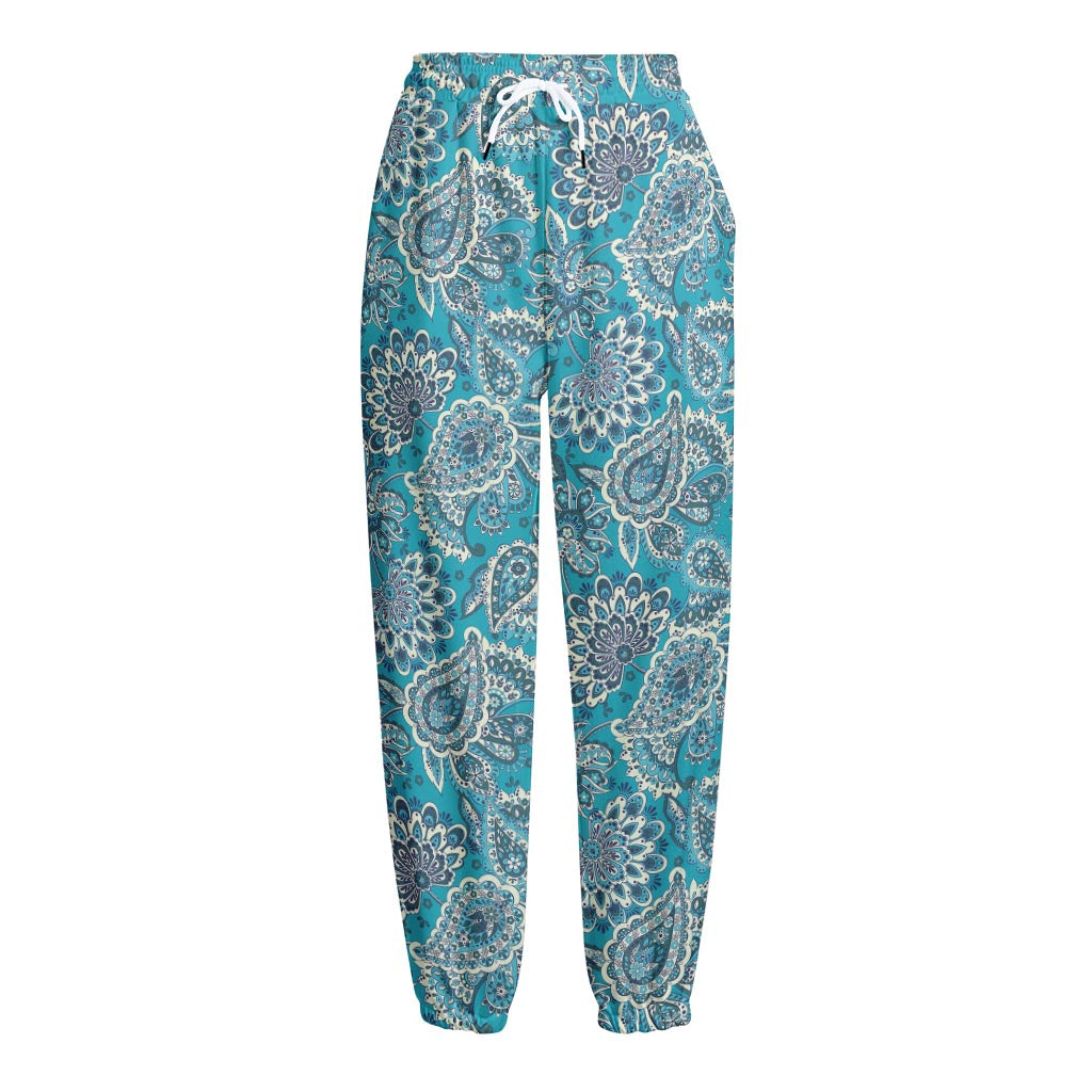 Turquoise Floral Bohemian Pattern Print Fleece Lined Knit Pants