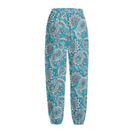 Turquoise Floral Bohemian Pattern Print Fleece Lined Knit Pants