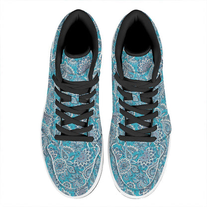 Turquoise Floral Bohemian Pattern Print High Top Leather Sneakers