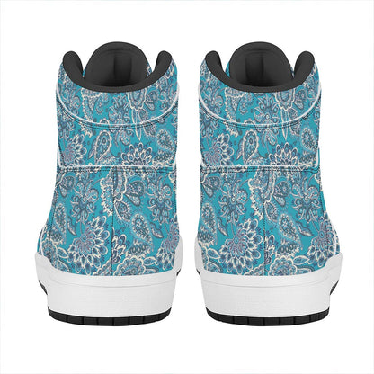 Turquoise Floral Bohemian Pattern Print High Top Leather Sneakers