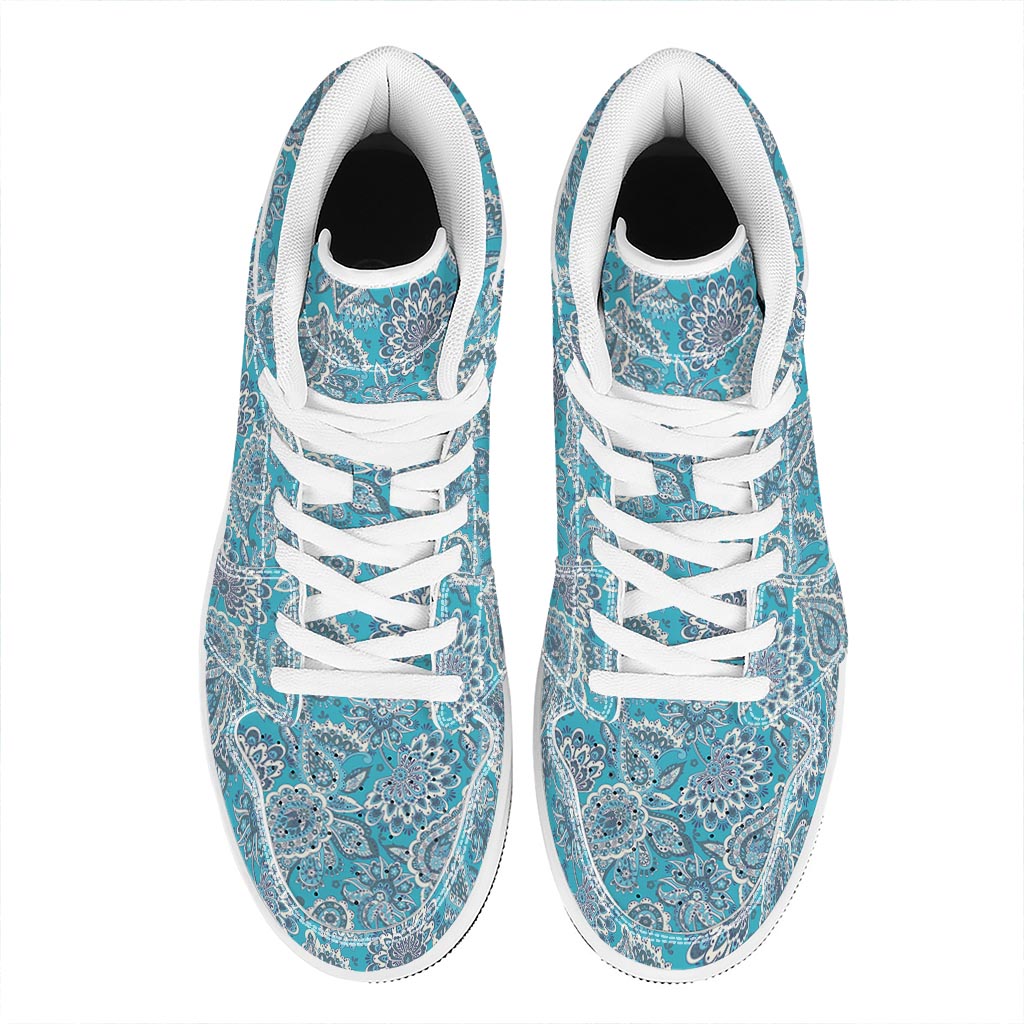Turquoise Floral Bohemian Pattern Print High Top Leather Sneakers