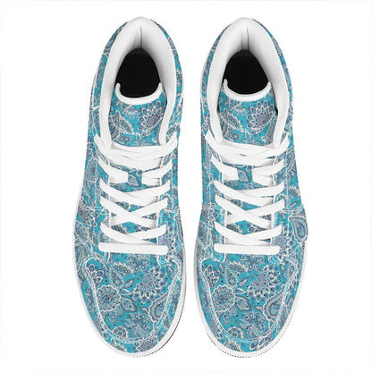 Turquoise Floral Bohemian Pattern Print High Top Leather Sneakers