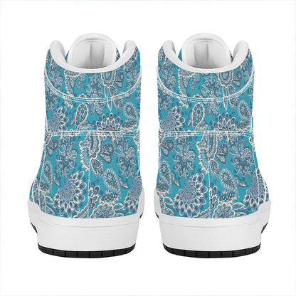 Turquoise Floral Bohemian Pattern Print High Top Leather Sneakers
