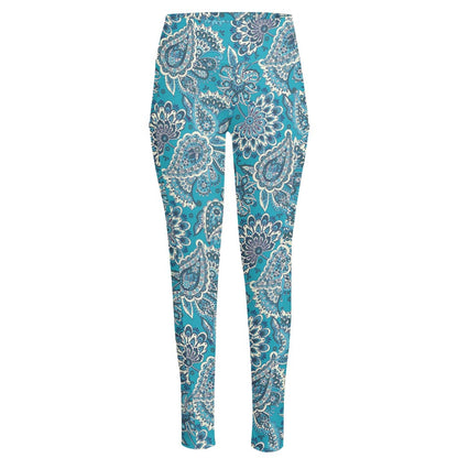 Turquoise Floral Bohemian Pattern Print High-Waisted Pocket Leggings