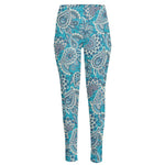 Turquoise Floral Bohemian Pattern Print High-Waisted Pocket Leggings