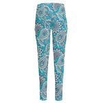 Turquoise Floral Bohemian Pattern Print High-Waisted Pocket Leggings