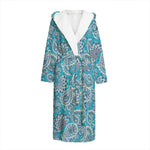 Turquoise Floral Bohemian Pattern Print Hooded Bathrobe