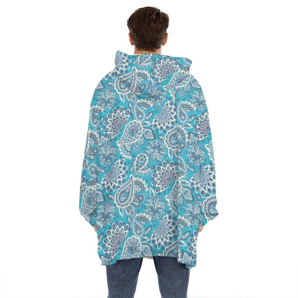 Turquoise Floral Bohemian Pattern Print Hoodie Blanket