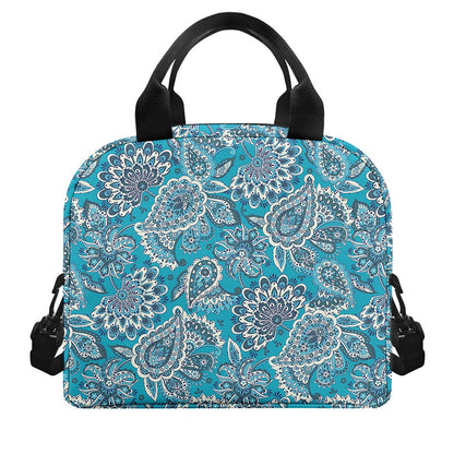 Turquoise Floral Bohemian Pattern Print Insulated Lunch Bag