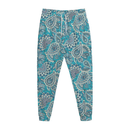 Turquoise Floral Bohemian Pattern Print Jogger Pants