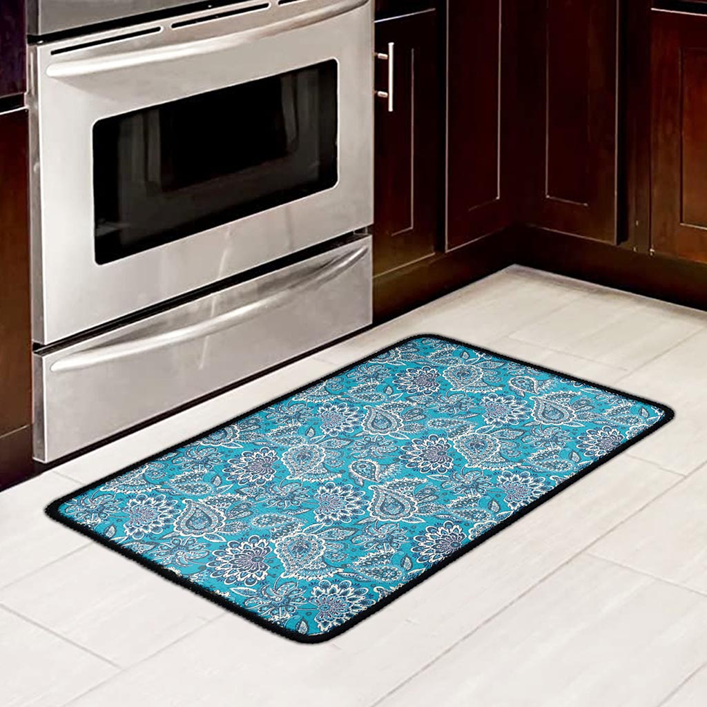 Turquoise Floral Bohemian Pattern Print Kitchen Mat