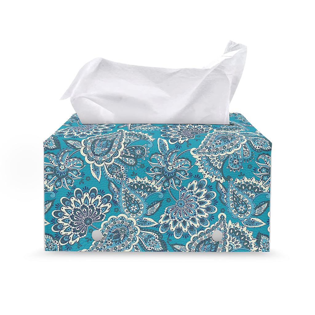 Turquoise Floral Bohemian Pattern Print Leather Tissue Box Cover