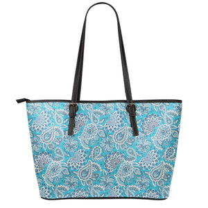 Turquoise Floral Bohemian Pattern Print Leather Tote Bag