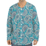 Turquoise Floral Bohemian Pattern Print Long Sleeve Baseball Jersey
