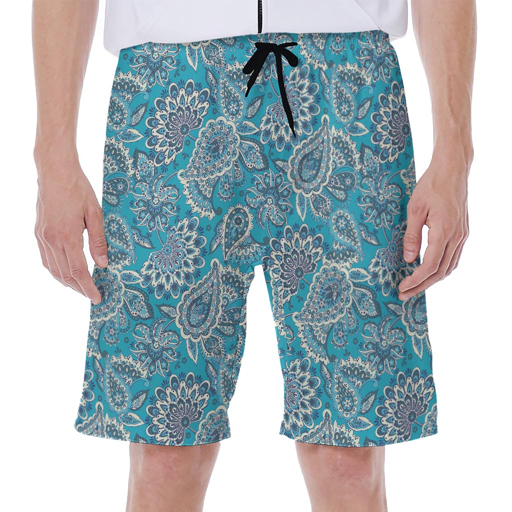 Turquoise Floral Bohemian Pattern Print Men's Beach Shorts