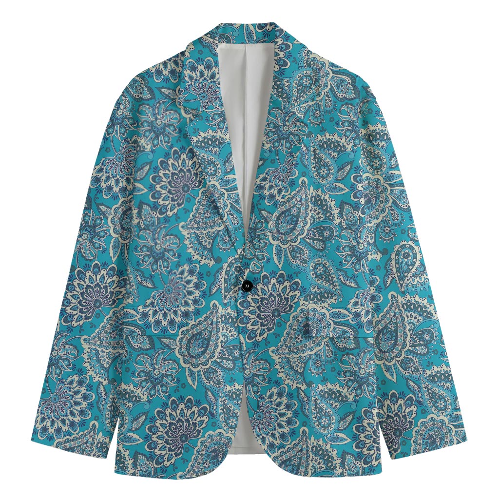Turquoise Floral Bohemian Pattern Print Men's Blazer