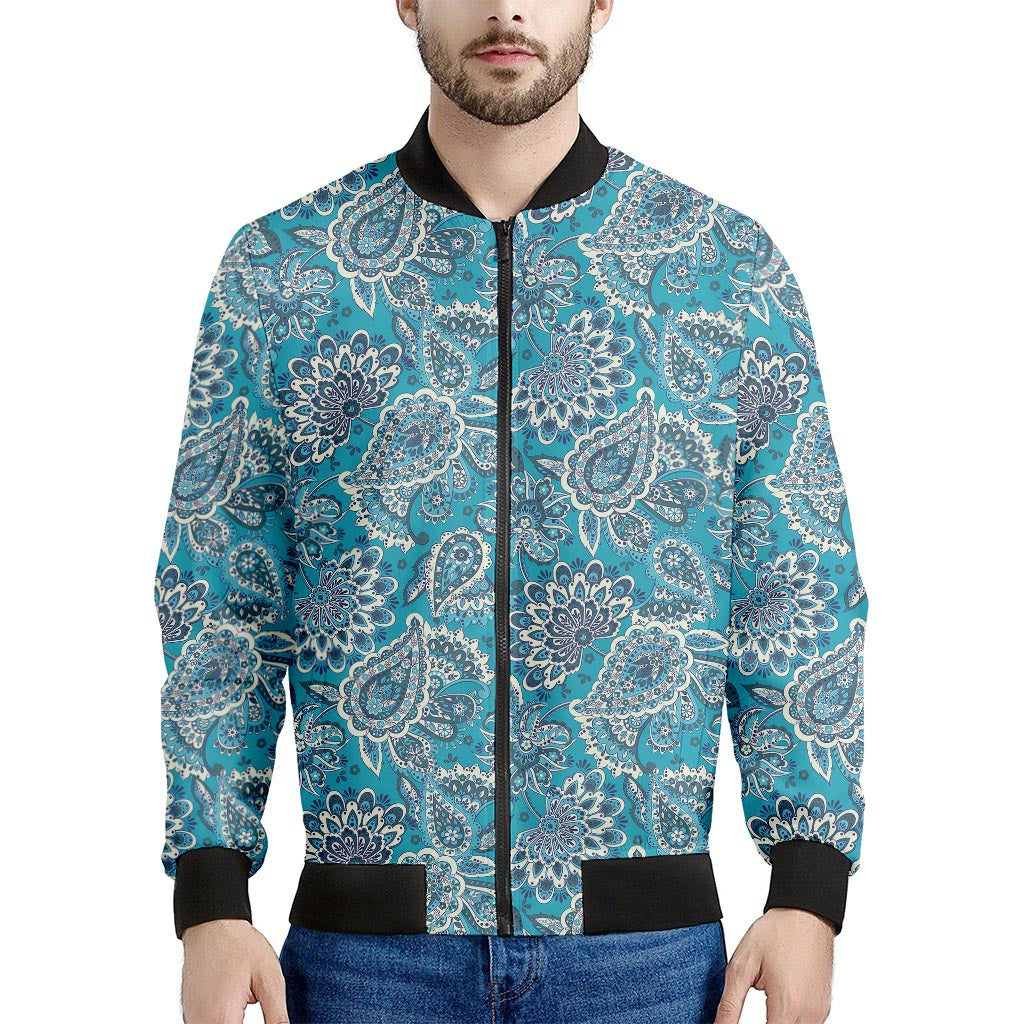 Turquoise Floral Bohemian Pattern Print Men's Bomber Jacket